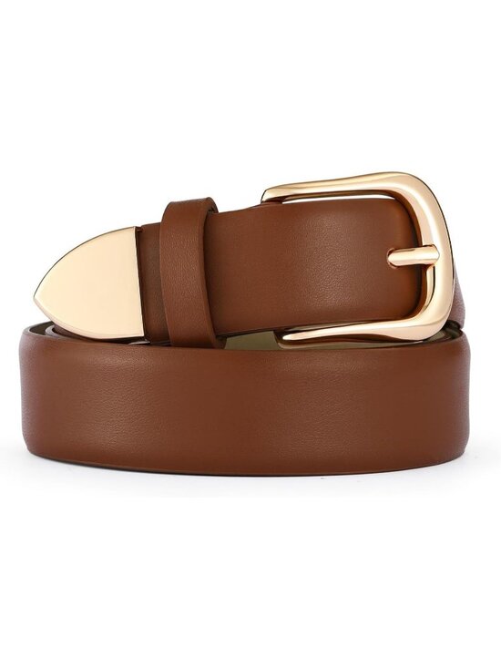 Accessories - Women Tan Leather Dress Belt For Pants Jeans Fashion With Classic Gold Buckle